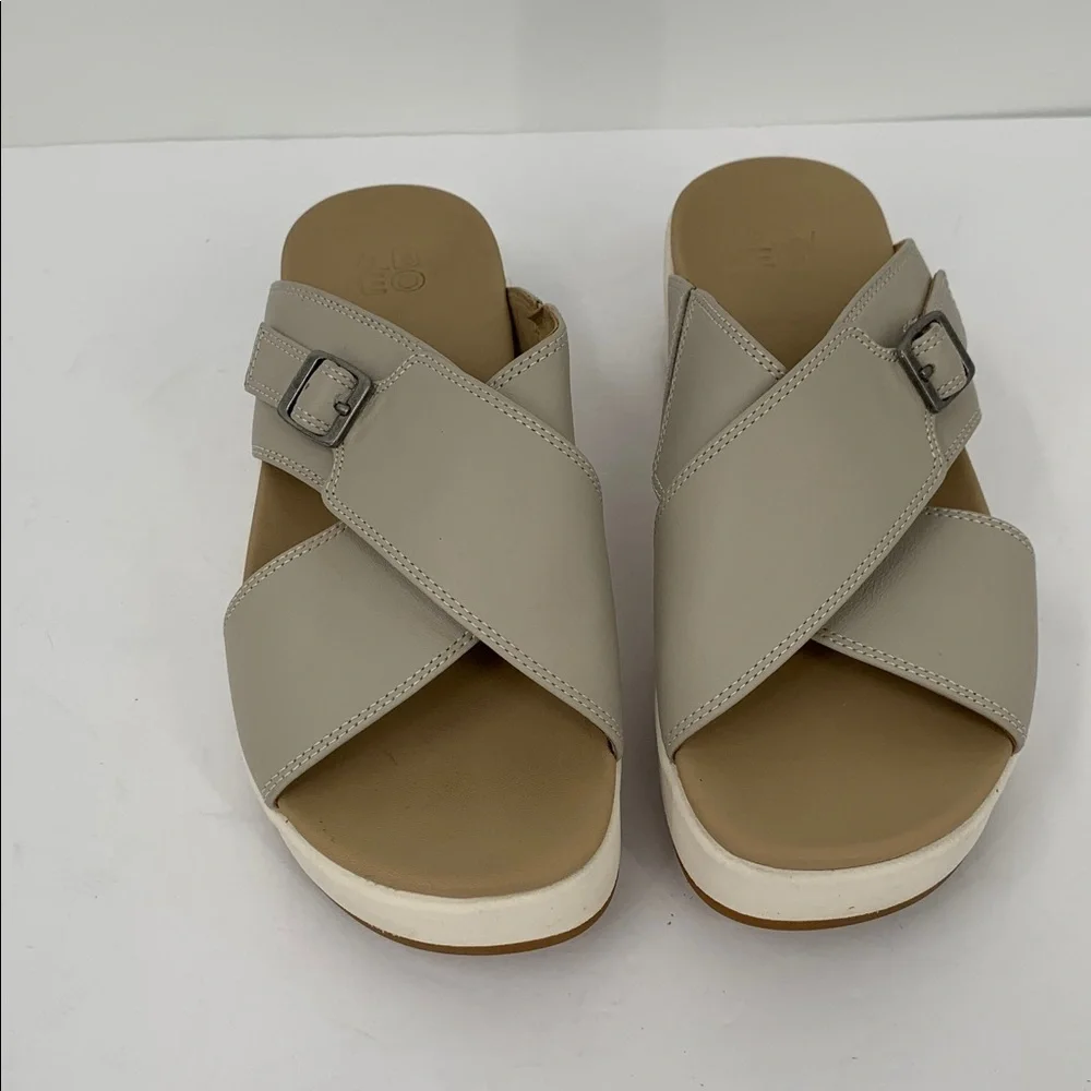 ABEO Solstice Cross wedge flatform slide sandal shoe beige leather tan brown 6.5